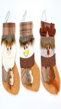 Beige Burlap Plaid Opening Grey Long Fluffy Head Small Stocking