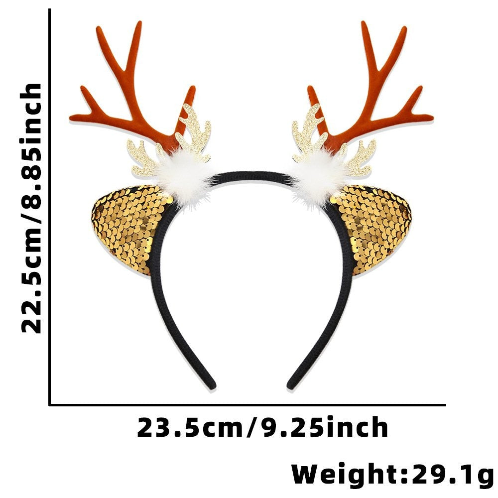 White Bauble Sequin Reindeer Ear Brown Antler Headband 23.8*23cm